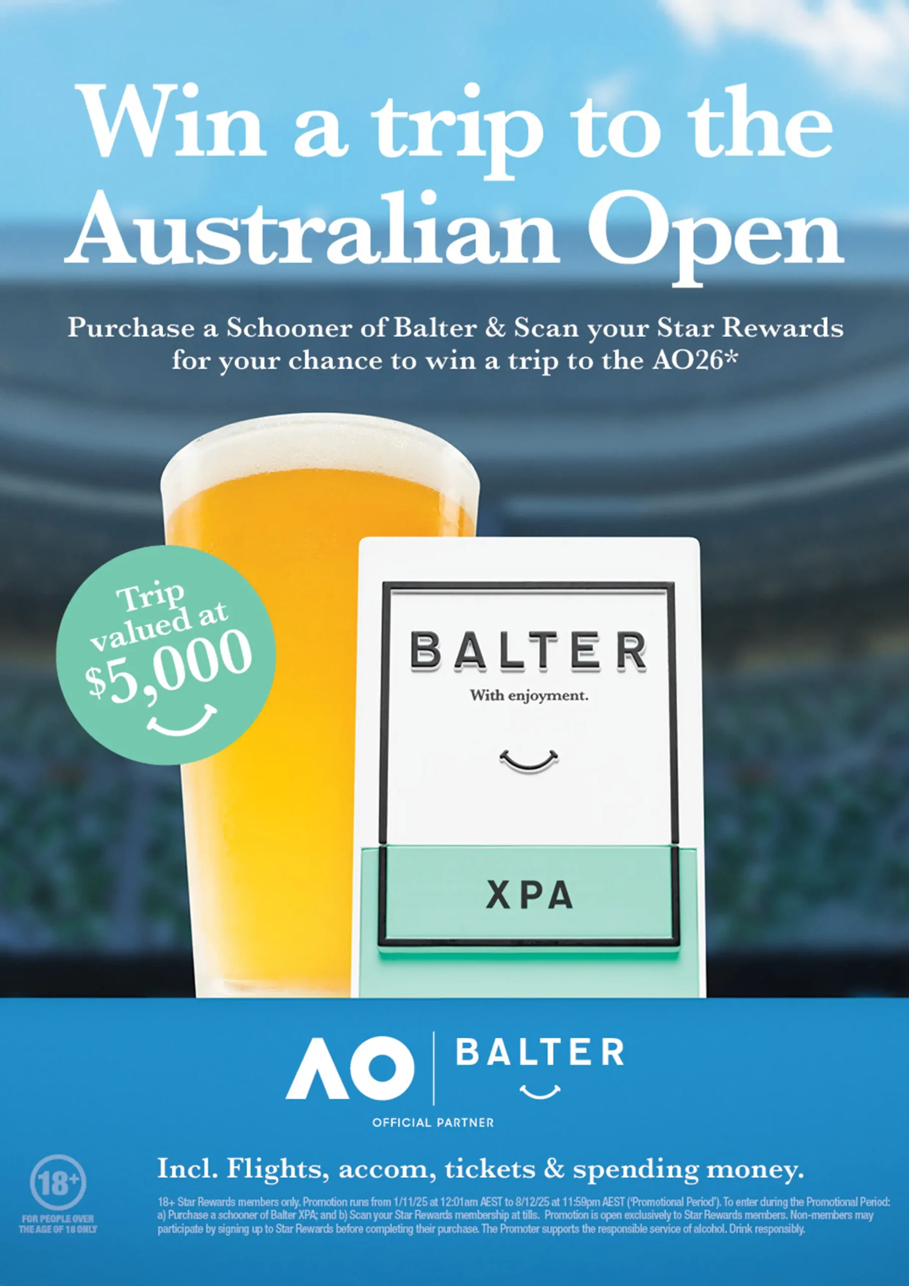 Our Star Rewards members have the chance to enjoy a trip to the Australian Open with their favourite Balter XPA